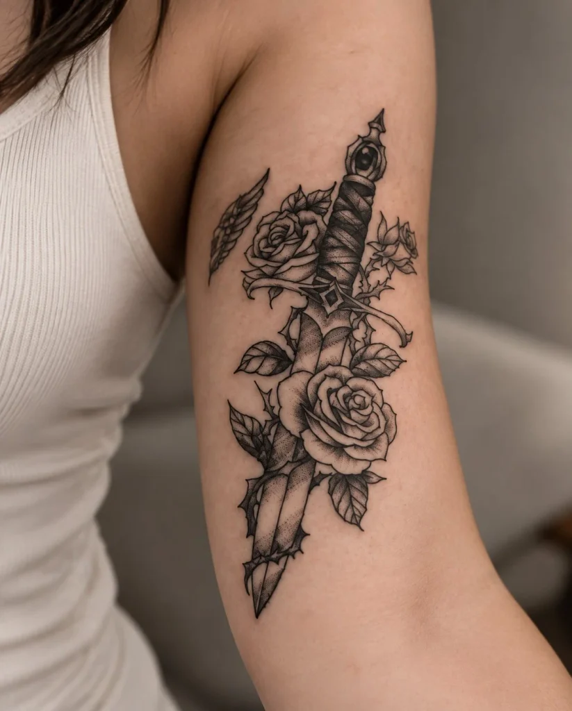 Rose and dagger tattoo in black and grey on the inner upper arm