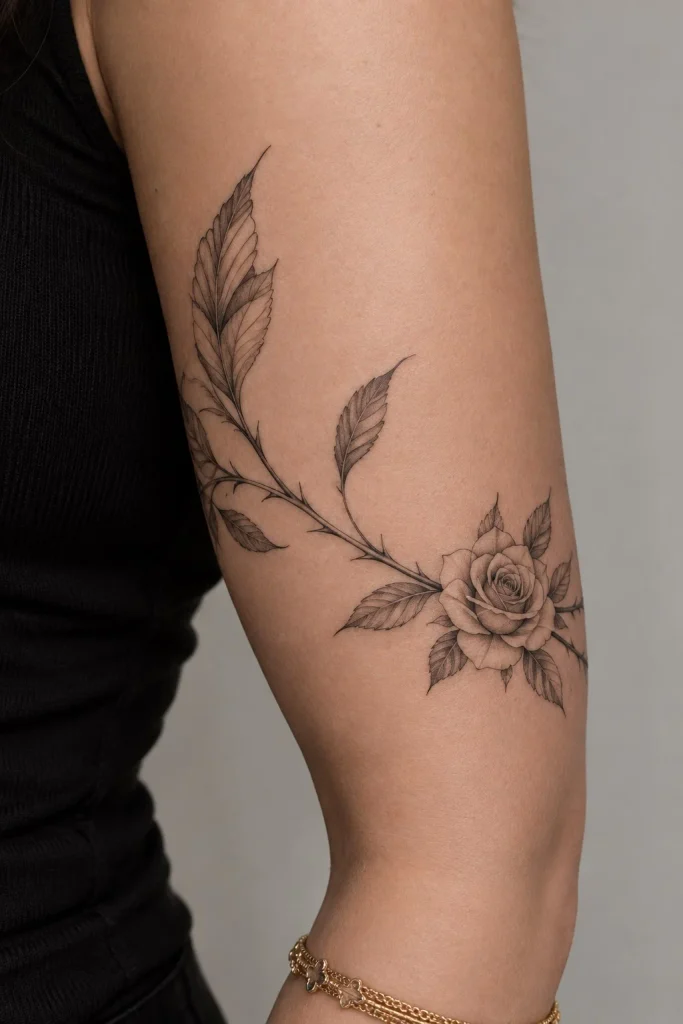 Rose and thorn wrap around bicep tattoo with detailed flowers and winding stems