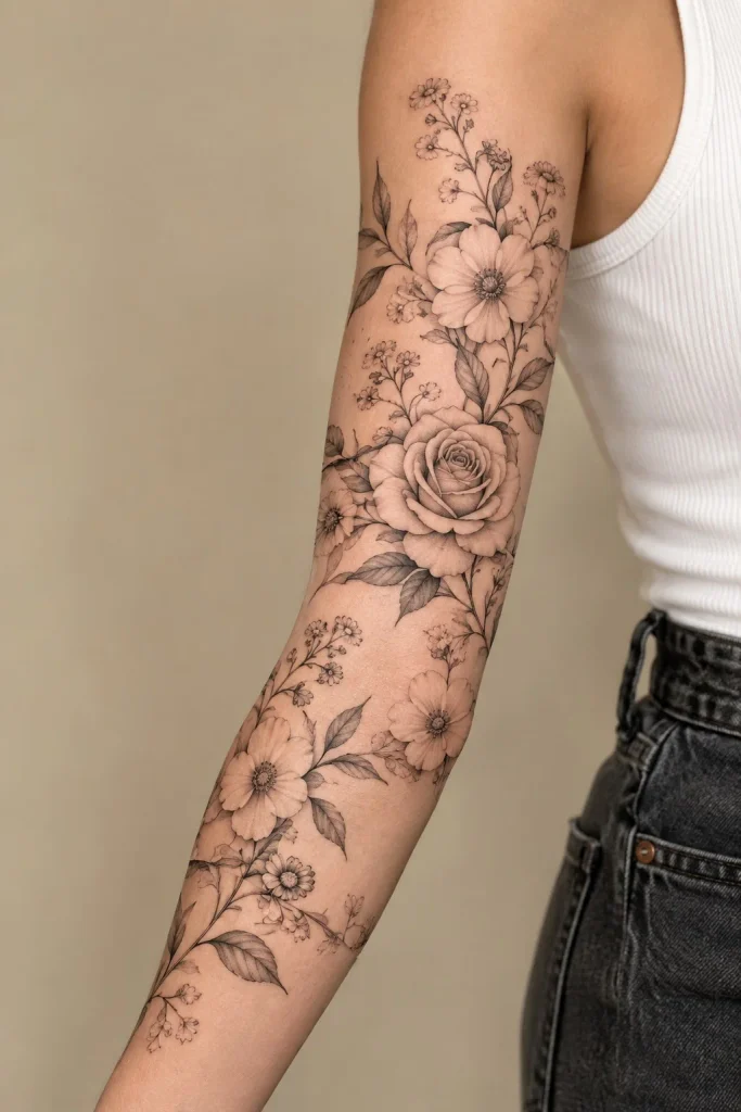 Rose and wildflower wrap around arm tattoo with leaves and fine botanical details