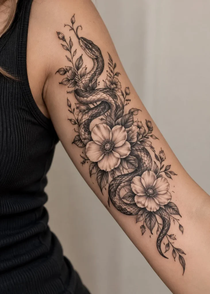 Snake and wildflower tattoo flowing vertically along the inner upper arm