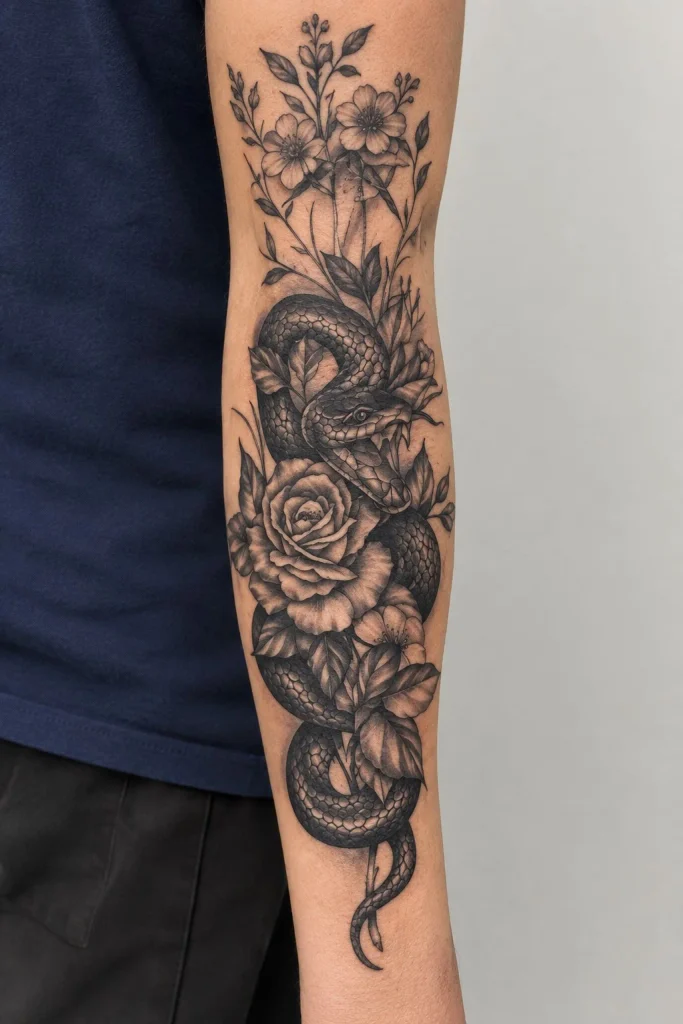 Upper forearm tattoo women snake and wildflower tattoo