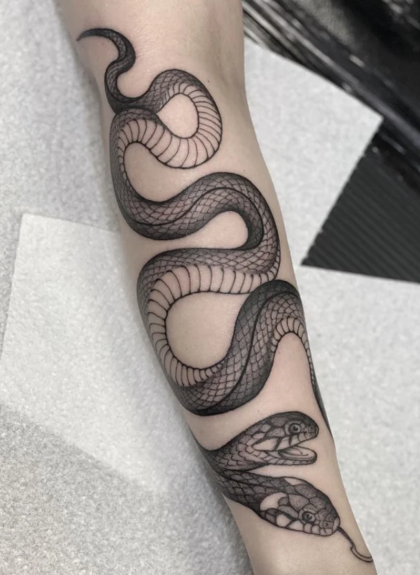 Detailed snake with a curved body wrapping around a woman's forearm
