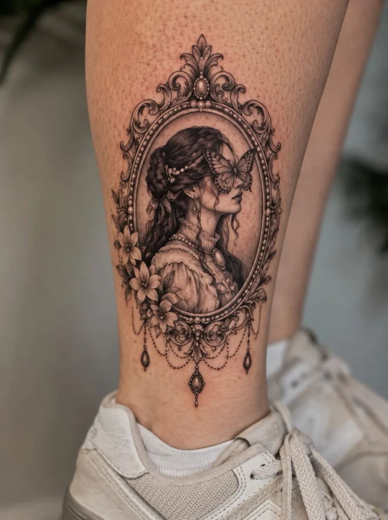 Victorian cameo portrait in a decorative lower leg tattoo for women