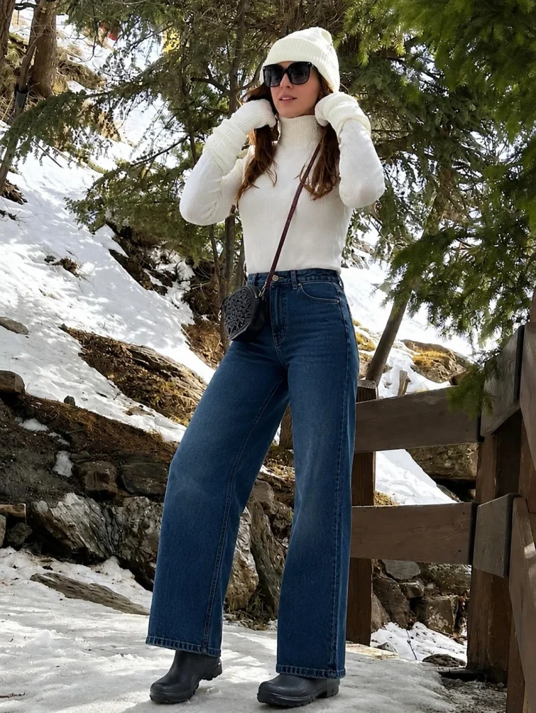 Wide-leg jeans fitted sweater and Hunter boots