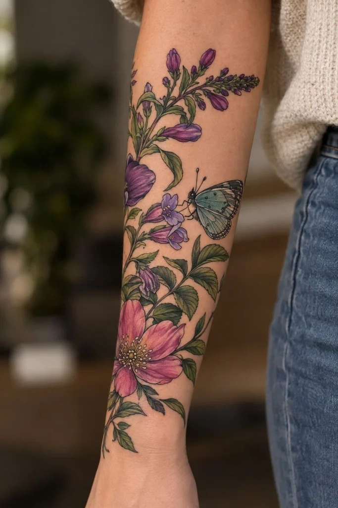 Delicate wildflowers and a butterfly forming a feminine wrap around forearm tattoo