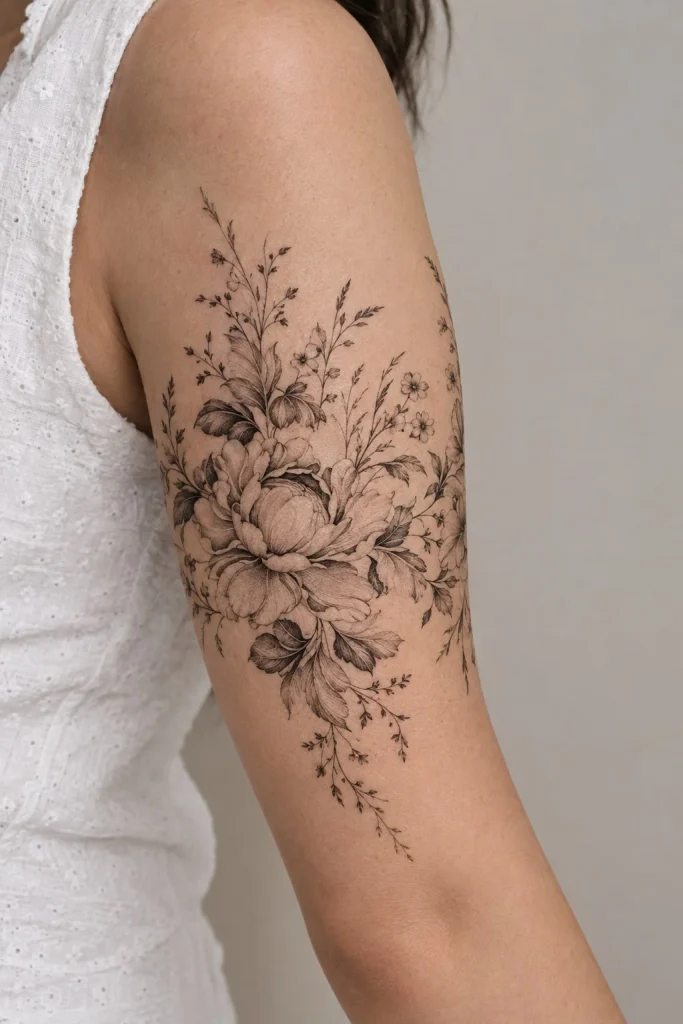 Wildflower and meadow wrap around bicep tattoo with delicate stems and leaves