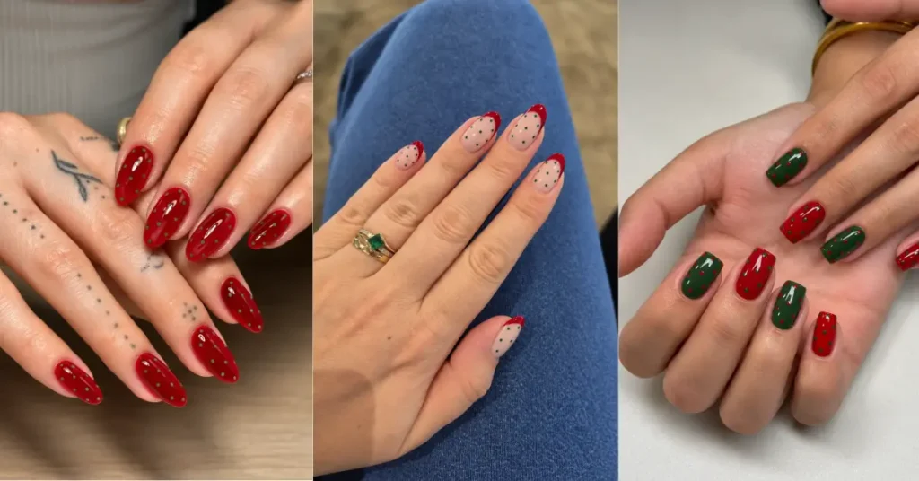 Red and Green Polka Dot Nails