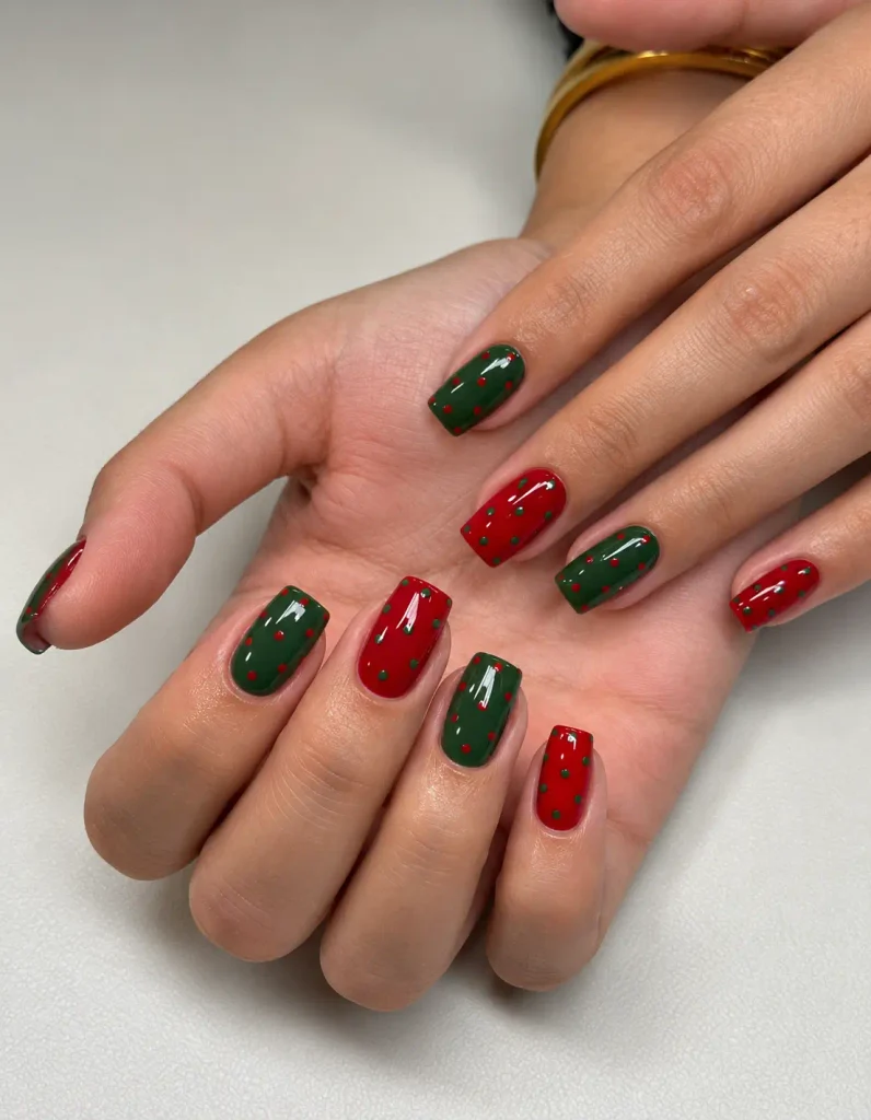 Alternating solid red and green nails with dotted accent nails