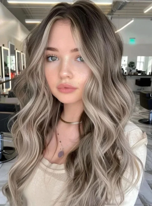 Woman with ash blonde hair featuring cool, muted undertones for a sophisticated blonde look without strong golden tones.