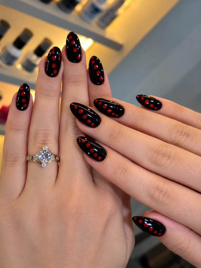 Black nails with red polka dots arranged in diagonal lines