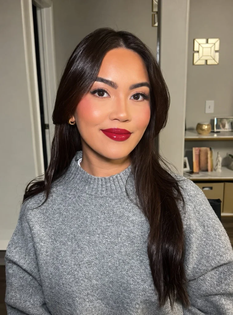 Blue-based red lipstick in a classic cool red shade for a timeless makeup look.