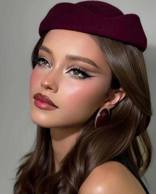 Burgundy wine lipstick in a deep red-wine shade for an elegant evening look.