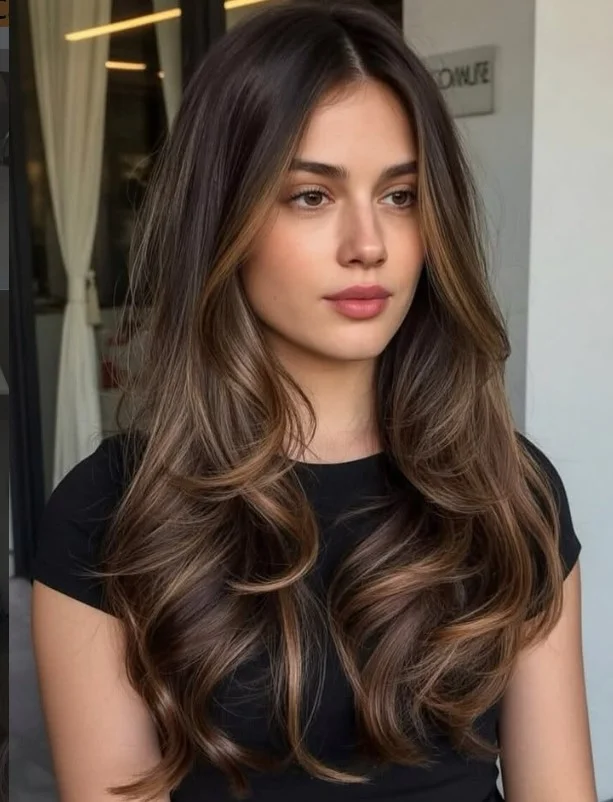 Caramel balayage on light olive skin with warm caramel highlights blended through brunette hair.