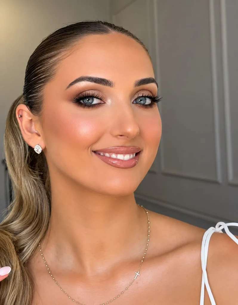 Blue eyes with warm caramel eyeshadow blended through the crease and creamy beige eyeshadow on the lids for an everyday makeup look.