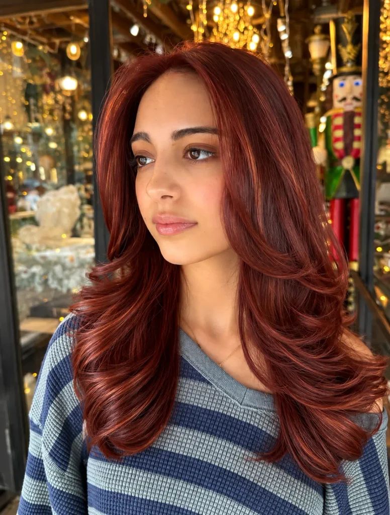 Cherry auburn brown hair with warm coppery red undertones