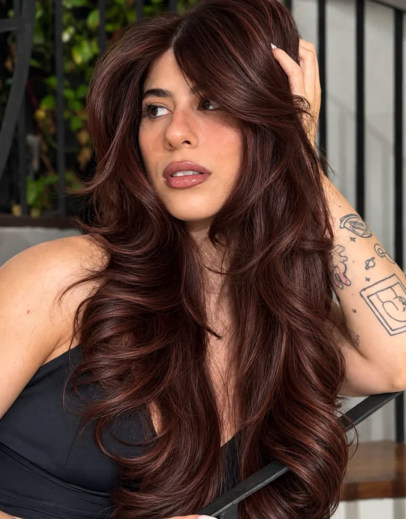 Fine cherry-brown babylights adding subtle red dimension to brunette hair