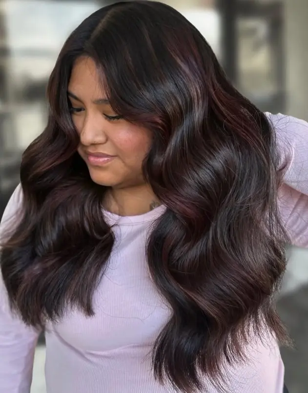 Cherry cola highlights with deep red-brown tones in dark hair
