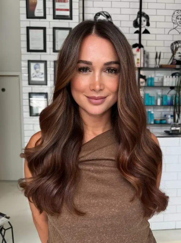 Chestnut brown highlights with subtle reddish warmth in brunette hair