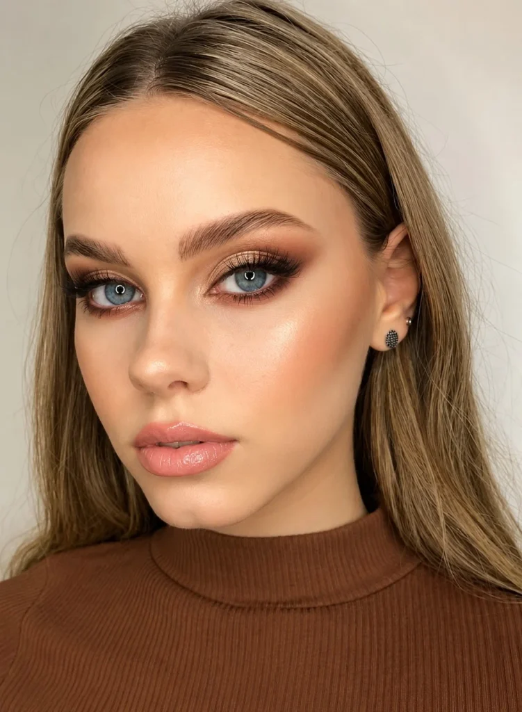 Blue eyes with warm cinnamon brown eyeshadow blended through the crease and outer corners with a light beige lid.