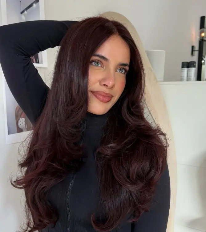 Deep cherry brown hair with rich red undertones and a dark brunette base