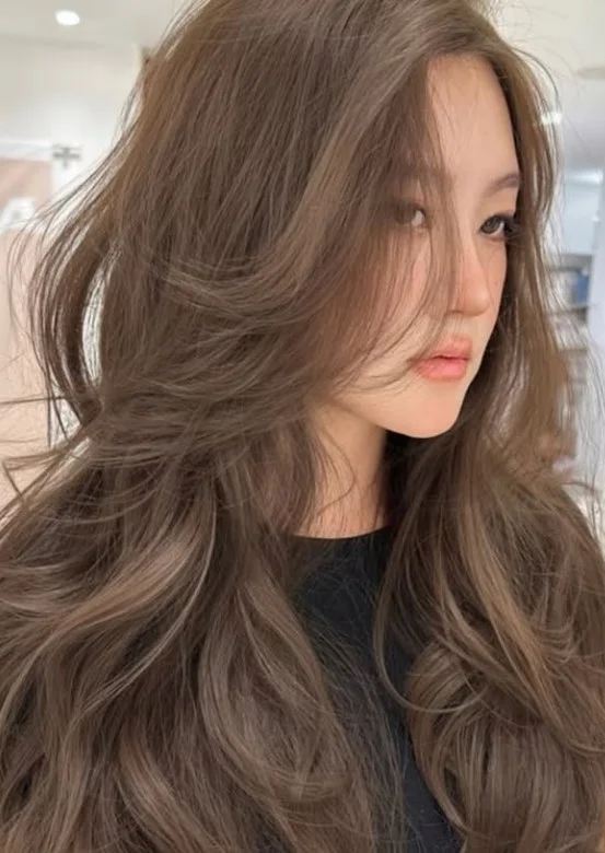 Cool ash brown hair color for light olive skin with muted, smoky brown tones and minimal golden warmth.