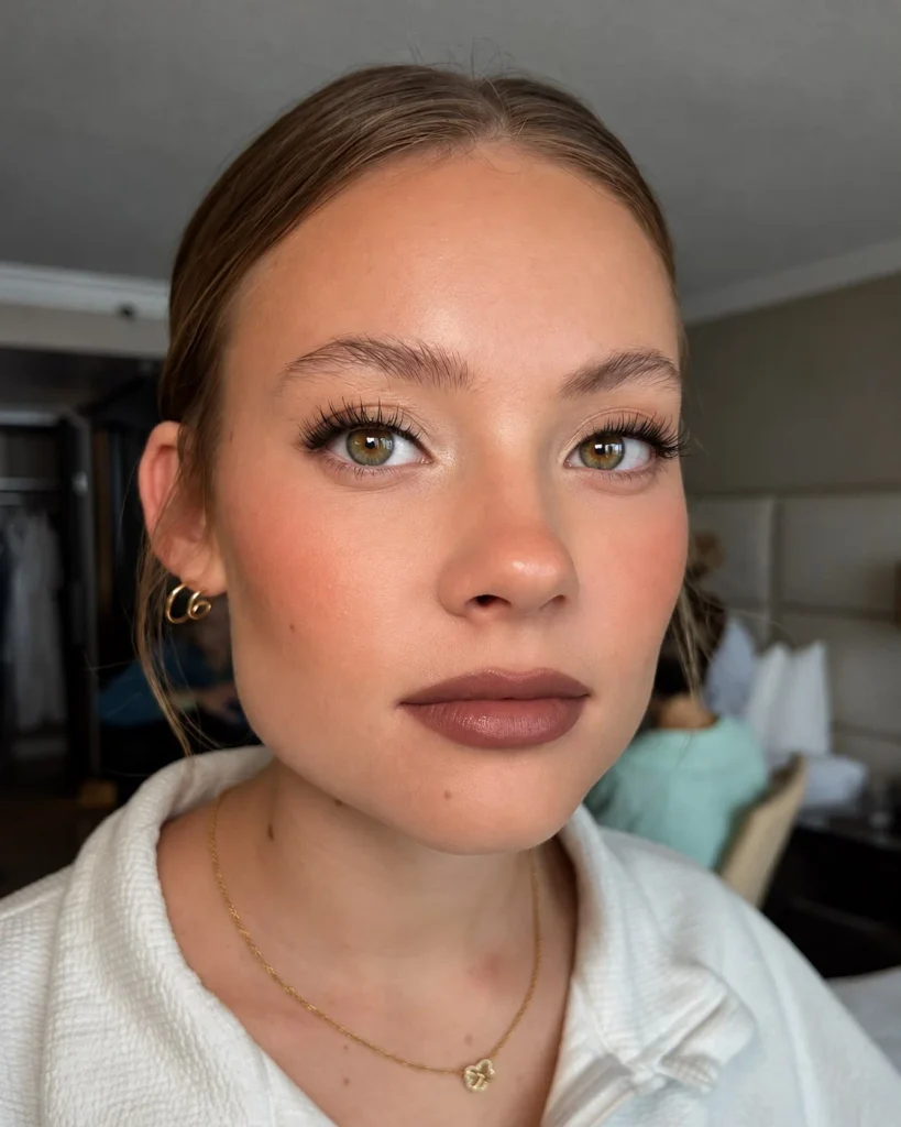 Cool cocoa brown lipstick in a rich brown shade with muted, cool undertones.