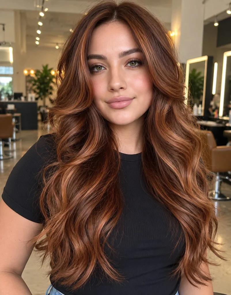 Woman with brown hair enhanced by blended copper balayage highlights that add warm red-orange dimension through the lengths.