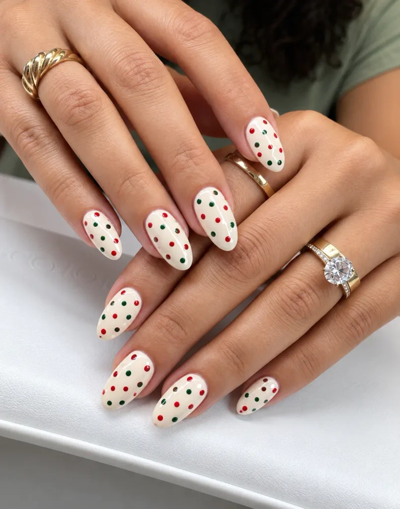 Cream nails with classic red and green polka dots
