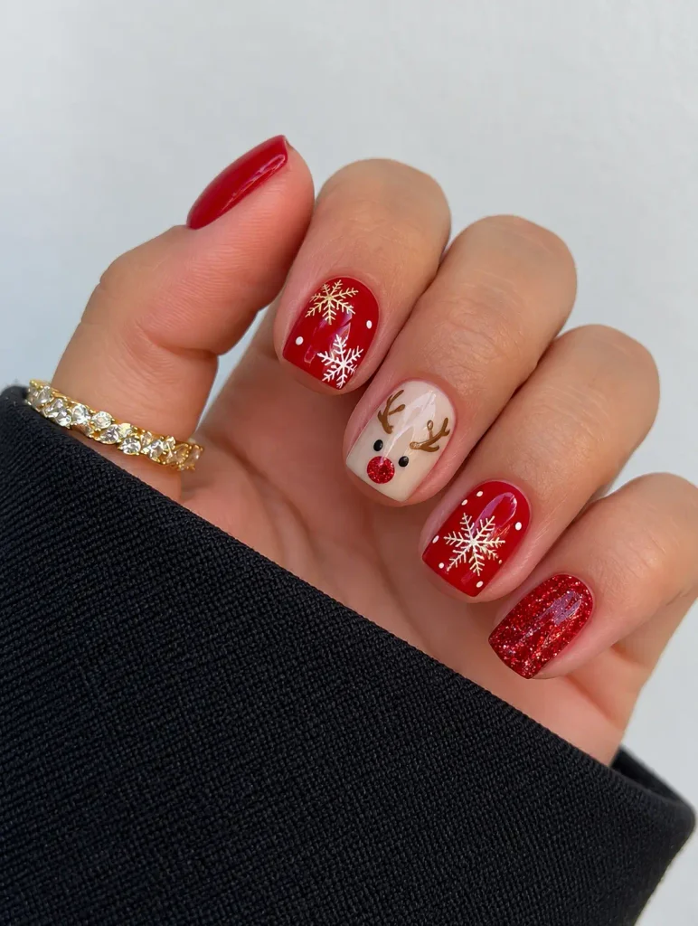 Short red Christmas nails featuring a cute reindeer face with brown antlers on a light accent nail.
