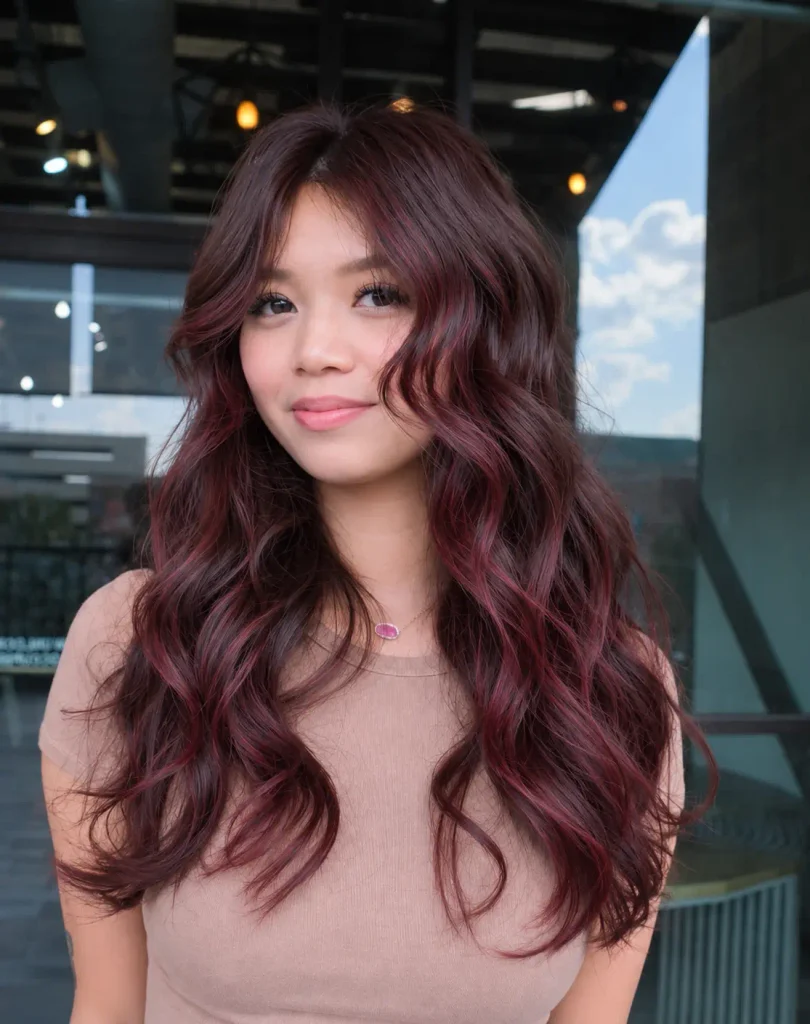 Cherry balayage blended through the lengths of dark brown hair