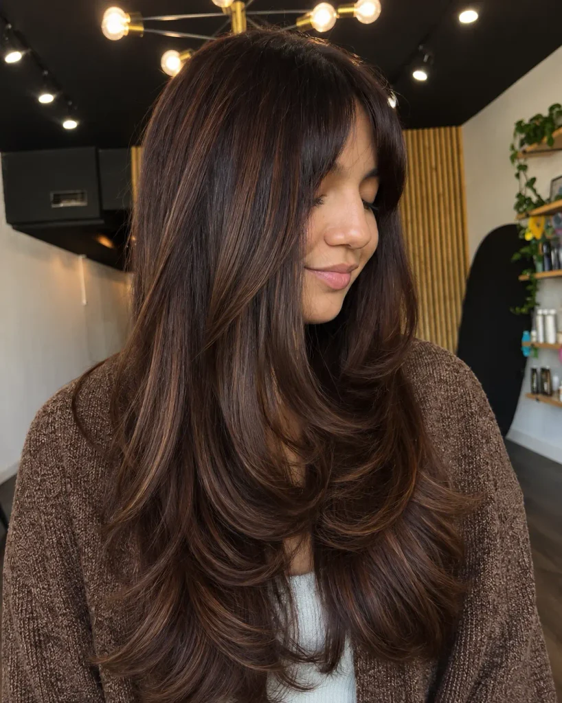 Dark brown hair with fine chocolate highlights throughout the lengths.