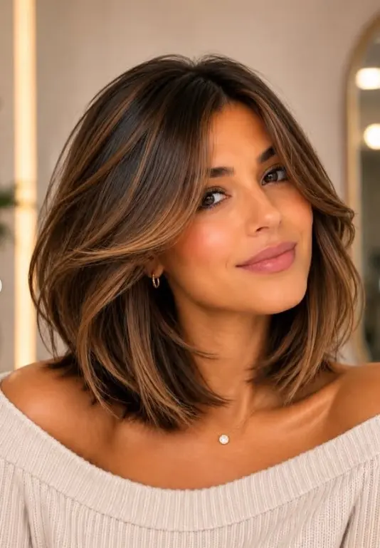Dark brown shoulder-length hair with blended caramel balayage highlights