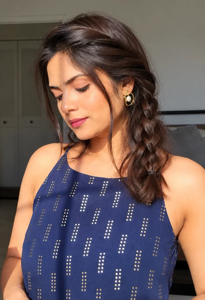 Dark brown shoulder-length hair with a delicate side braid and loose lengths