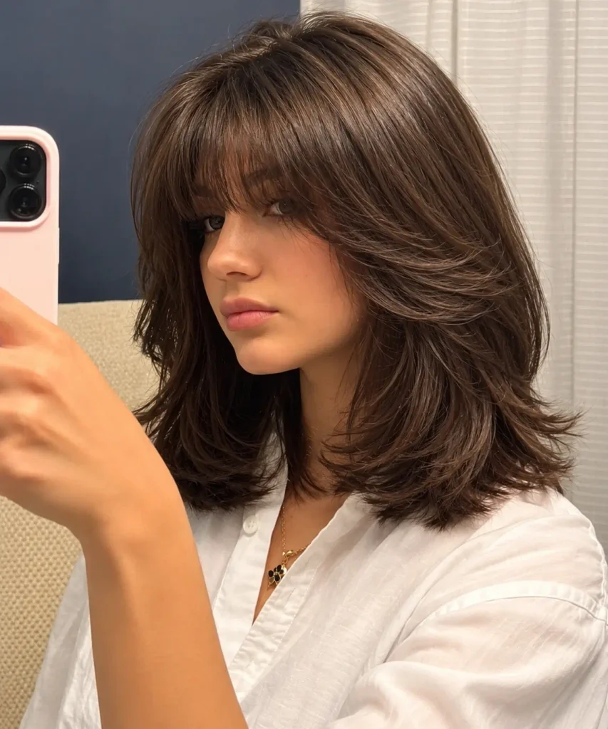 Woman with dark brown shoulder-length straight hair and full eyebrow-grazing bangs