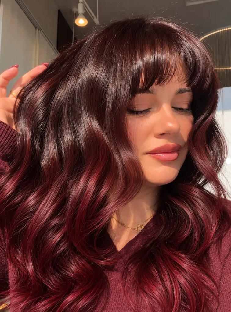 Dark cherry brown hair gradually transitioning to red ombre ends