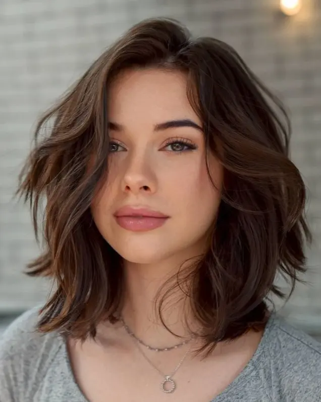 Dark chocolate brown shoulder-length hair styled in loose romantic waves