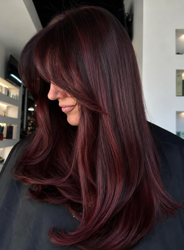 Deep cherry brown hair with brighter cherry-colored face-framing pieces