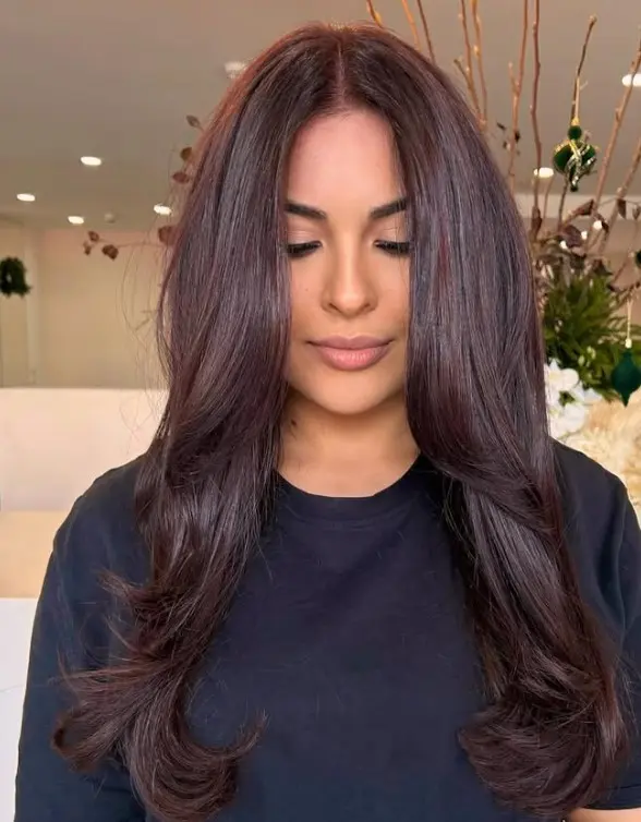 Deep mahogany brown hair with rich red-violet undertones.