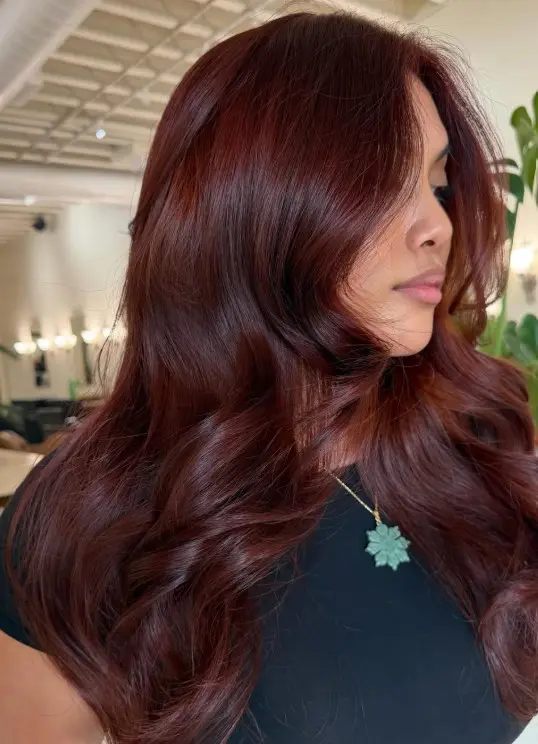Deep mahogany hair with fine red babylights woven through the lengths.