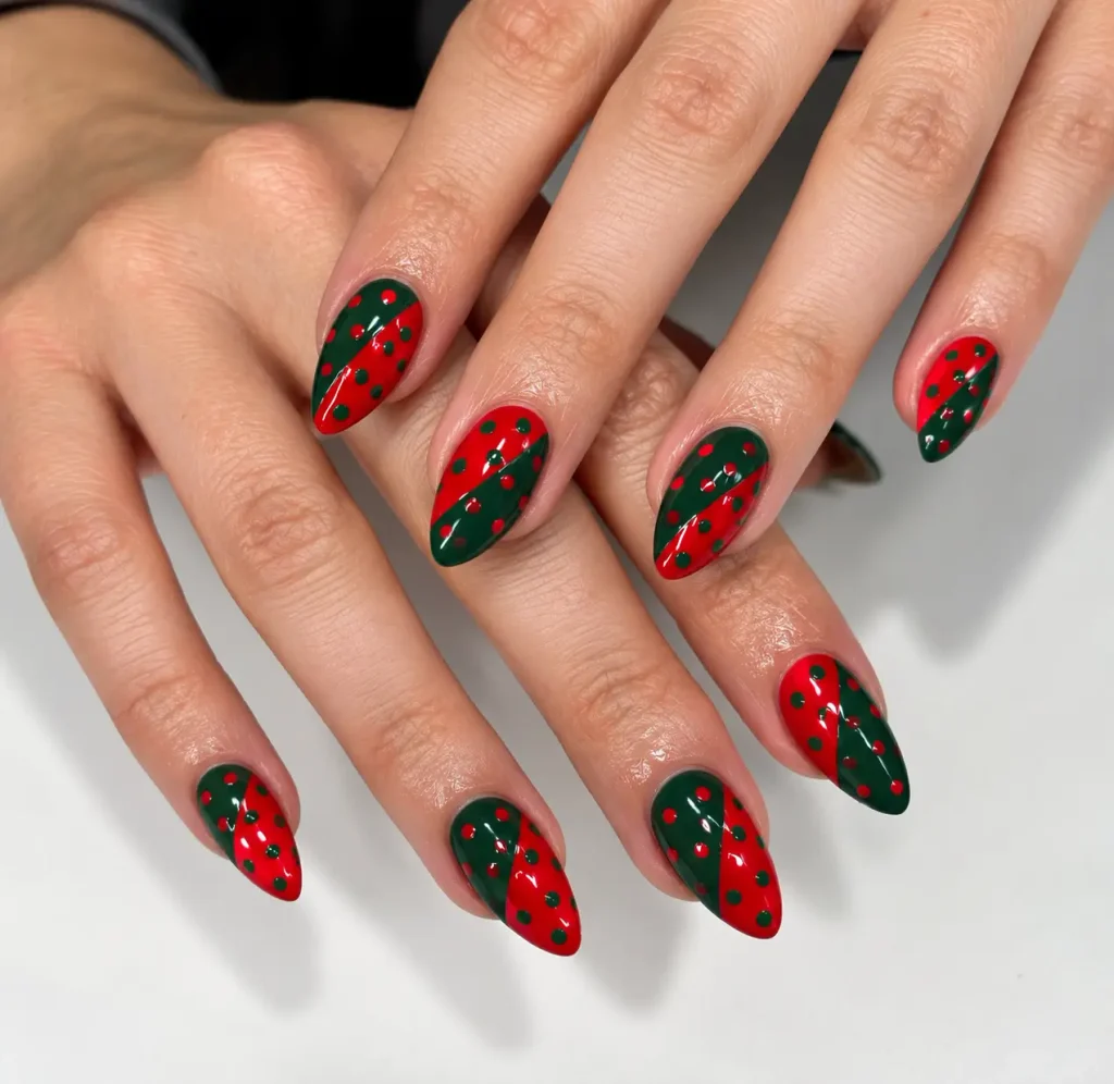 Red and green polka dots arranged diagonally on light-colored nails