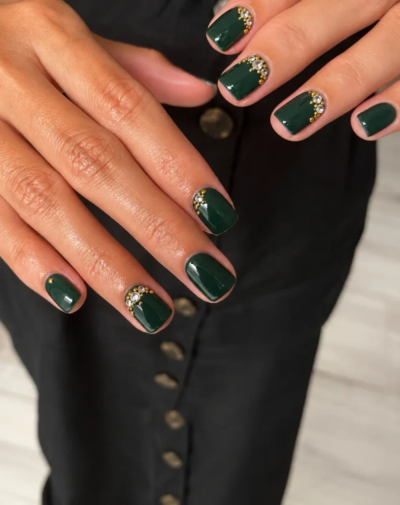 Emerald green Christmas nails embellished with small crystals and gold studs near the cuticles