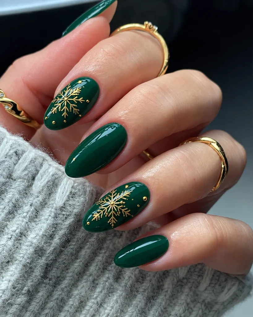 Deep green Christmas nails decorated with delicate fine-line gold snowflakes on accent nails