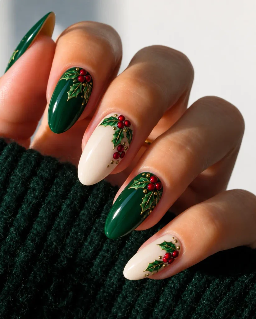 Dark emerald green Christmas nails with holly leaf nail art and small bright red berries on an accent nail