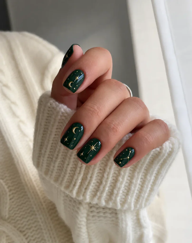 Deep emerald green night-sky nails with tiny gold stars, crescent moons, and delicate constellation lines