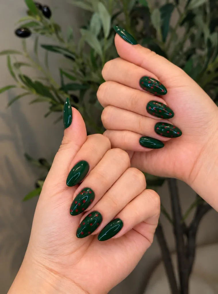 Forest green nails with cherry-red accent dots