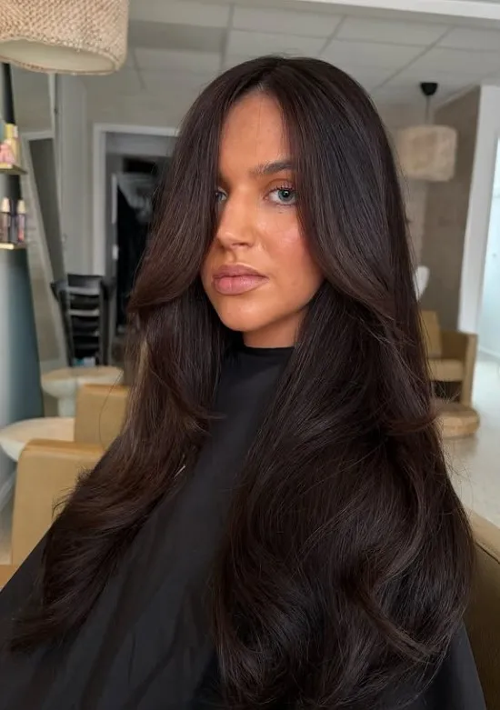 Deep espresso brown hair with an almost-black brunette shade and a glossy finish.