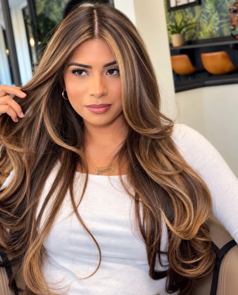 Woman with brunette hair blended into golden blonde balayage through the mid-lengths and ends