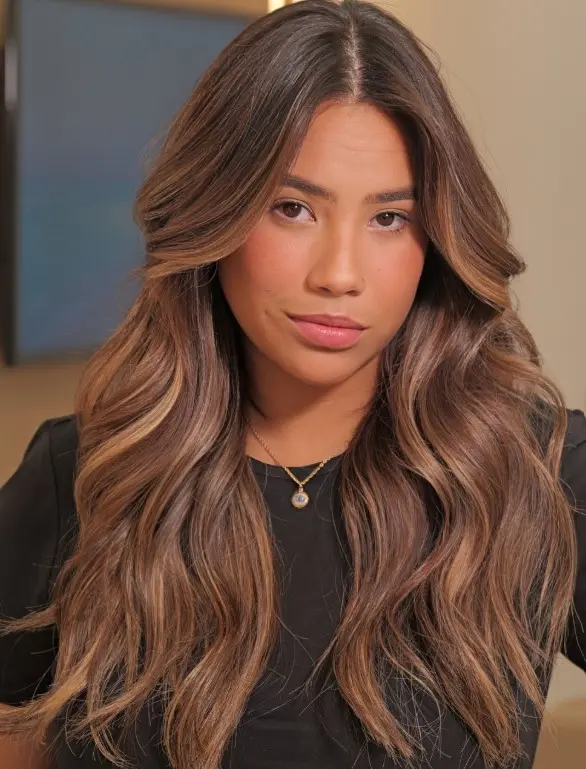 Golden brown ribbon highlights creating dimension in brunette hair