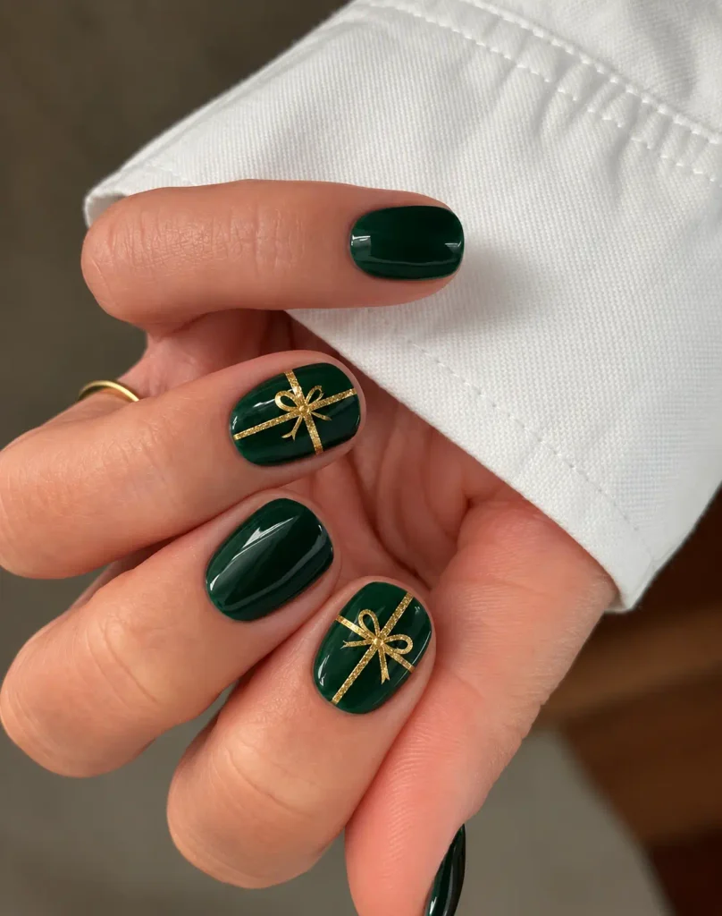 Glossy green Christmas nails decorated with thin gold ribbon lines and delicate gift-wrap bows