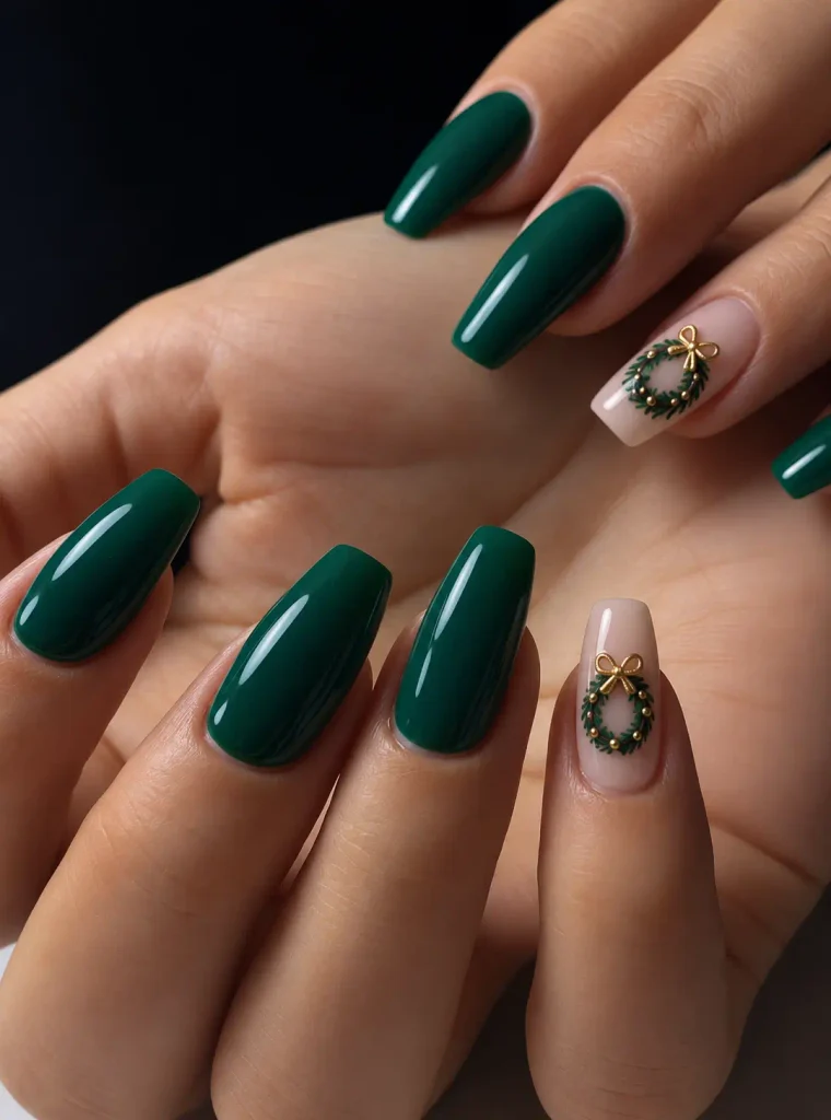 Green Christmas wreath nail art with a fine gold outline or tiny gold bow on a nude or cream accent nail